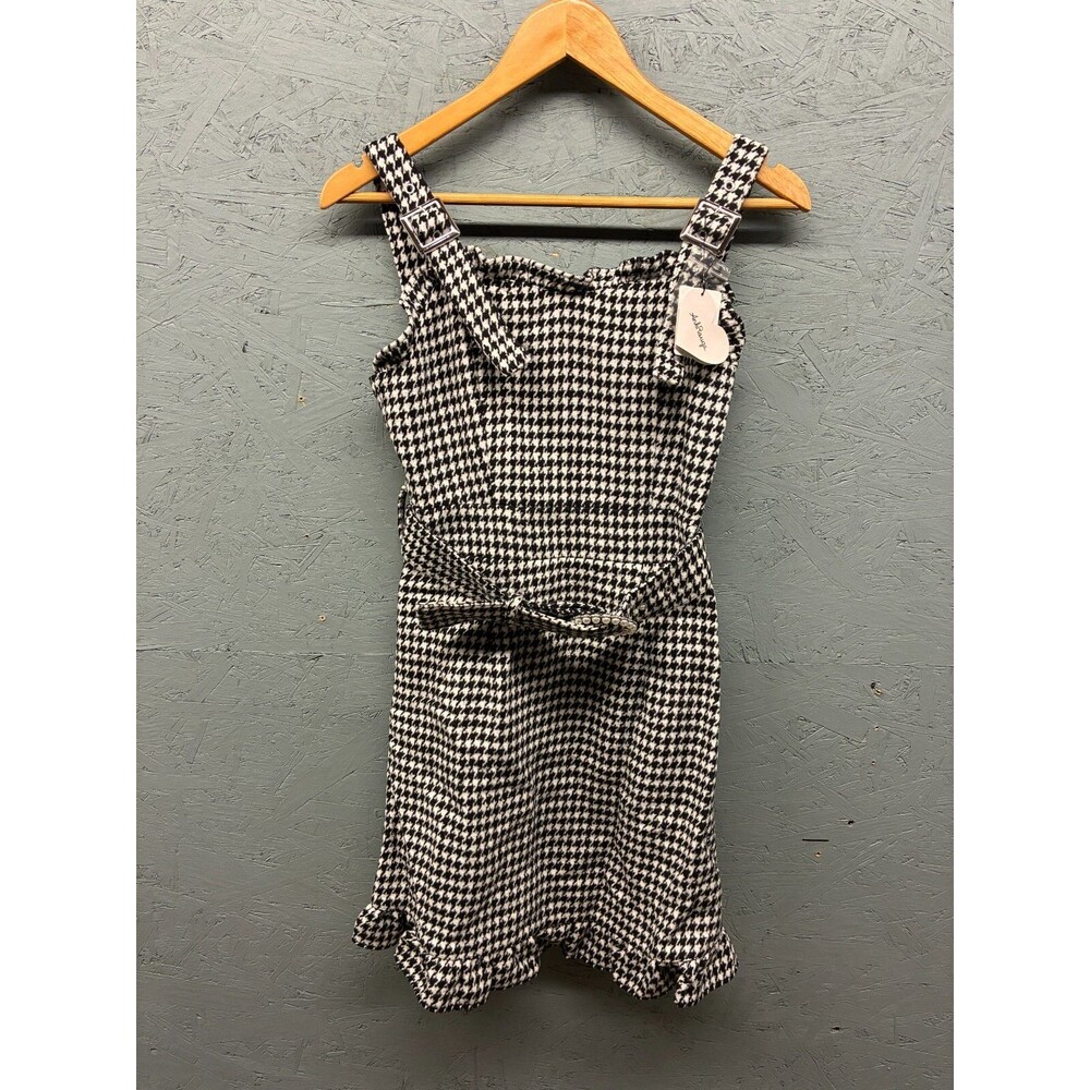 Ank‎ Rouge Women’s Houndstooth Ruffle Mini Dress Size M Black White Bow Belted